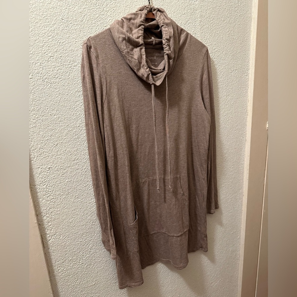 J.Jill Purejill Ultrasoft Tunic women Tan Pima Cotton Cowl With Drawstring Sz S